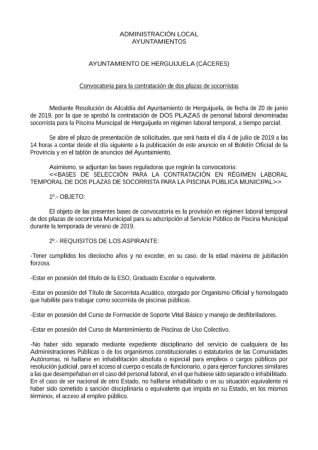 Imagen CONVOCATORIA CONTRATACIÓN DOS SOCORRISTAS. TEMPORADA ESTIVAL 2019